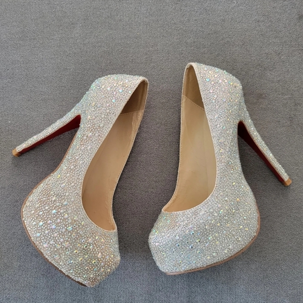 Chunky Silver Rhinestone Bridal Wedding Platform Heels Silver Cinderella 7.5